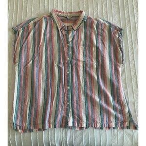 Orvis Boxy Blouse Women 2XL Linen blend Pink Blue Stripe Roll Sleeve Airy Summer